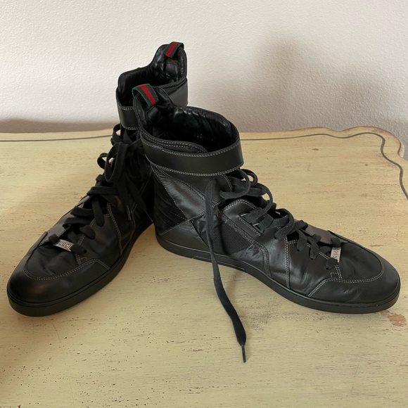 GUCCI Strap Quilted Suede & Leather High Top Sneakers Black Size 11 US 12 $860 - Picture 2 of 10